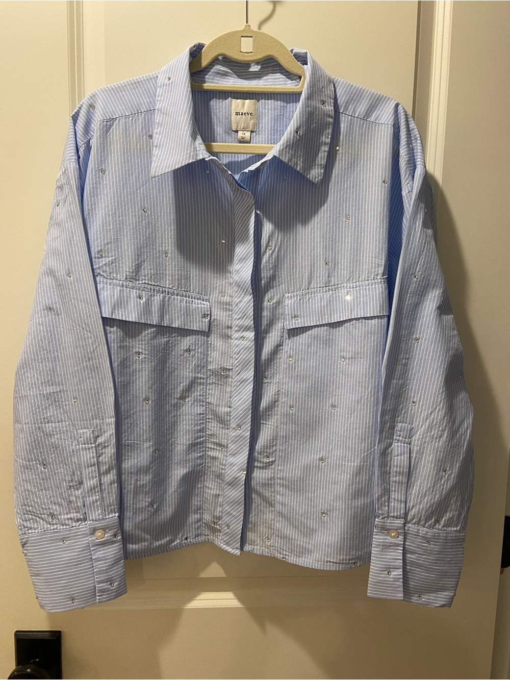 Maeve Men's Light Blue Pinstripe Shirt with Crystal Accents